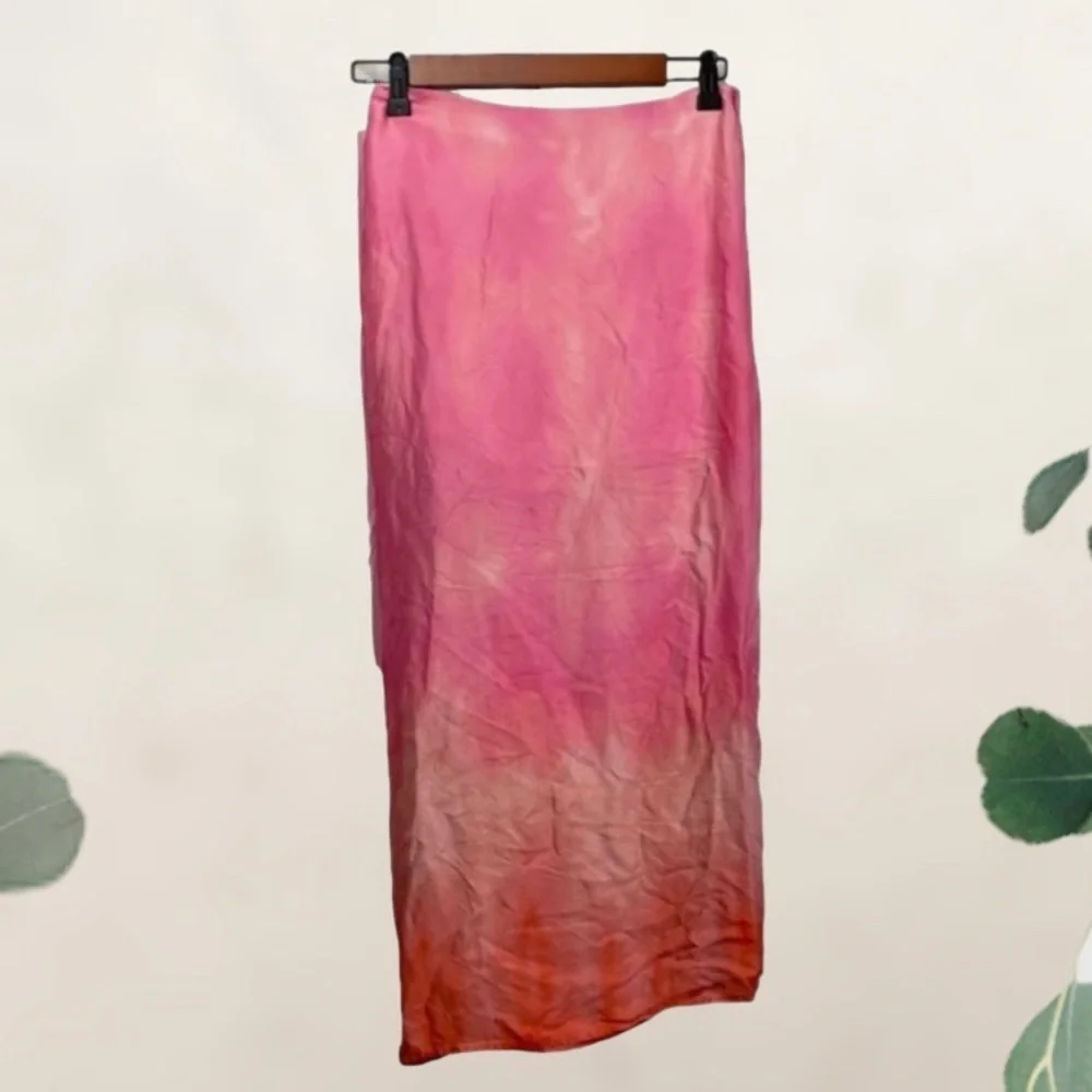 Zara Pink Semi Sheer Slit Draped Ombré Ruched Silk Satin Pencil Skirt Small
